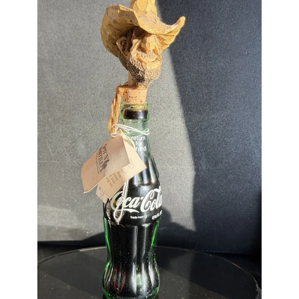 Vintage Coca Cola Bottle with Hand-Carved Wooden TopperFigurine
